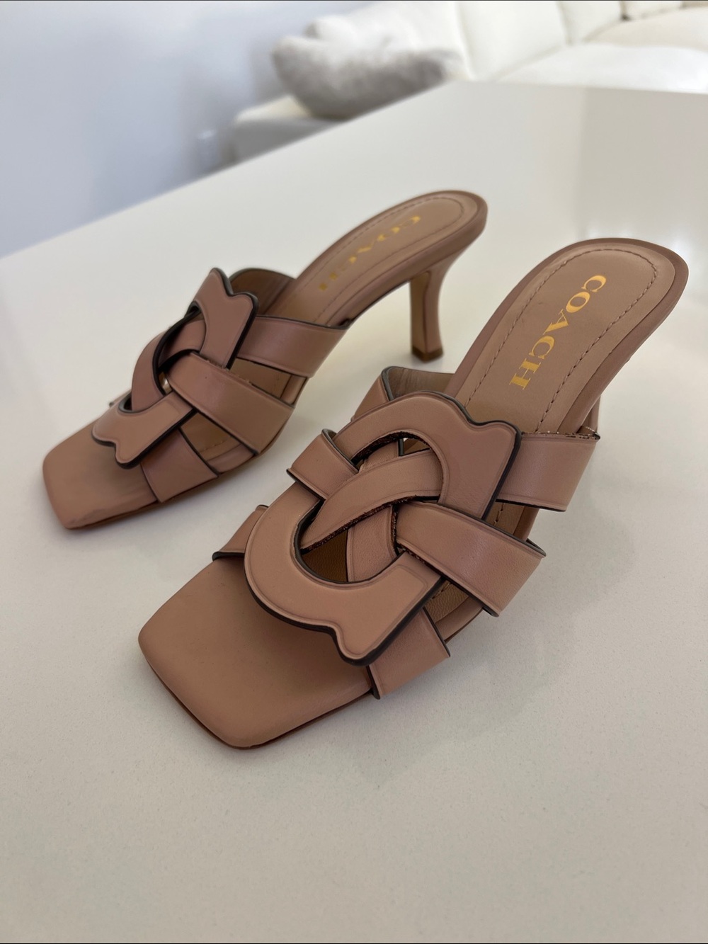 Coach sculpted C heeled open toe mules sandals heels tan size 5
